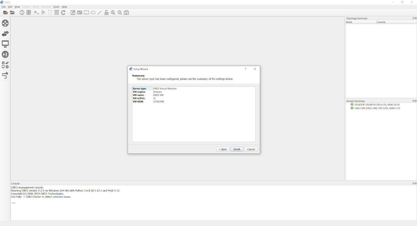 gns3 vm setup increase ram